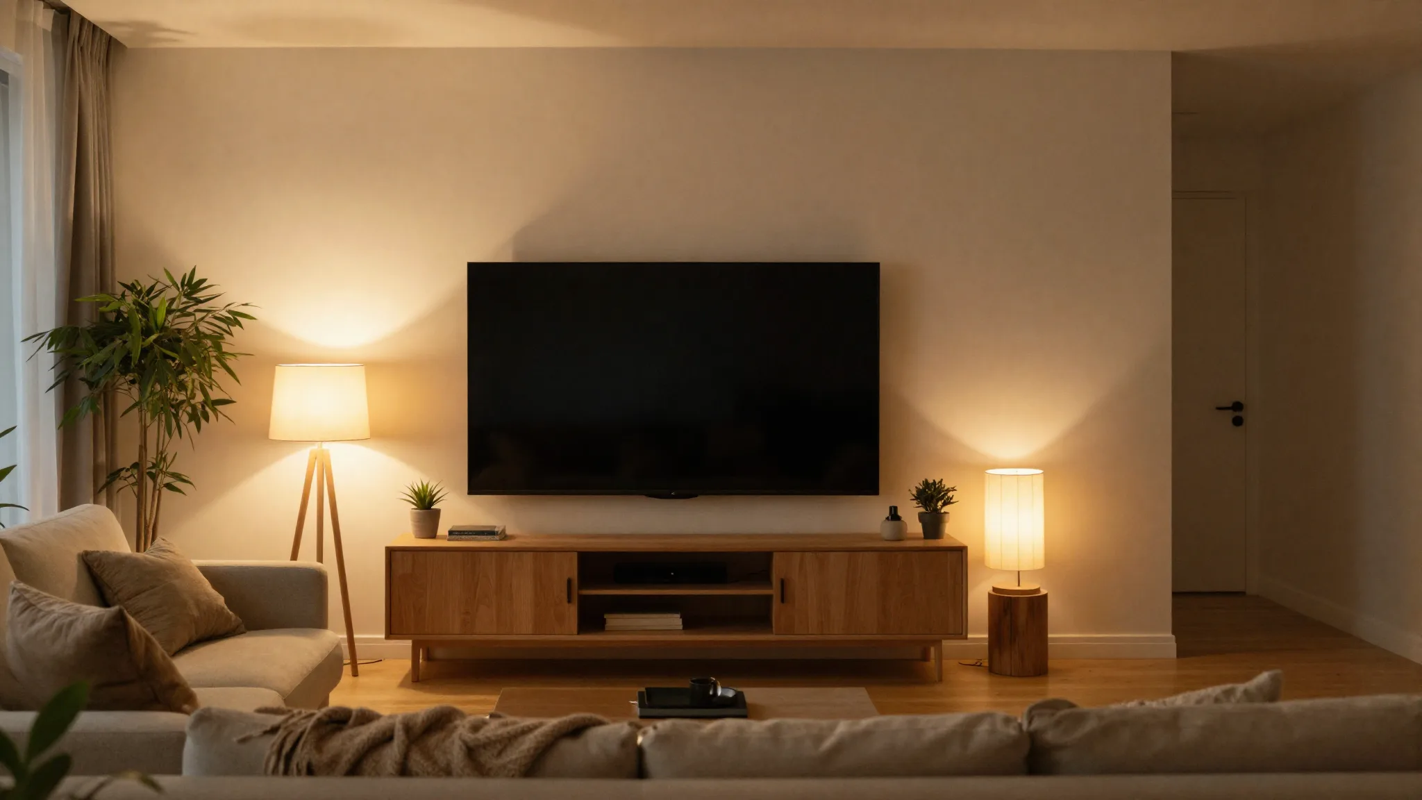 A cozy, warm living room in the evening with a large wall-mounted TV as the focal point
